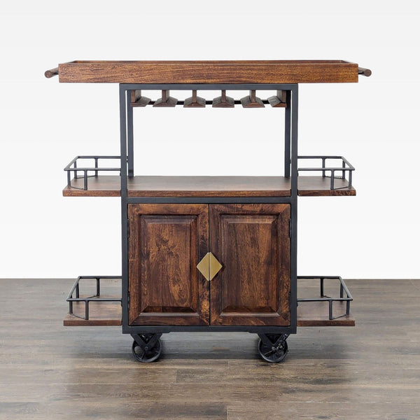 Wine bar cabinet with storage, glass holder, side shelves, 2-door cabinet, server top, and wheels.