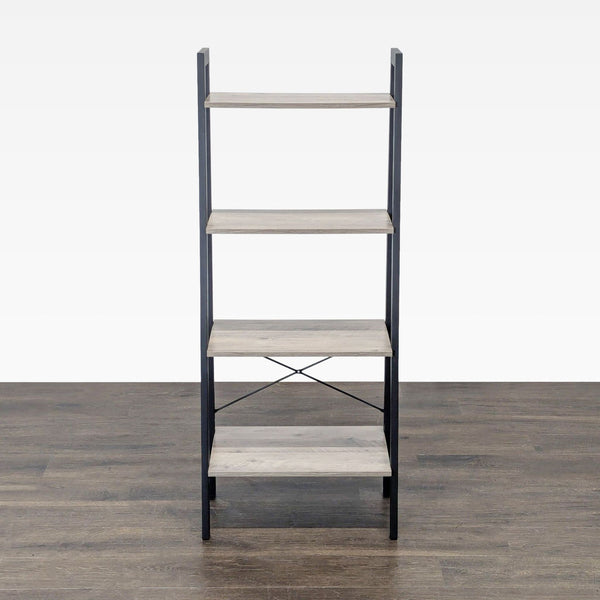 1. Four-tier bookshelf with wood shelves and black metal frame, ideal for organizing books or decor in any room.