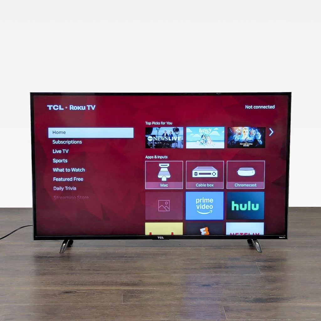Black TCL 43-inch smart TV with clear picture quality, built-in Roku, and user-friendly interface.