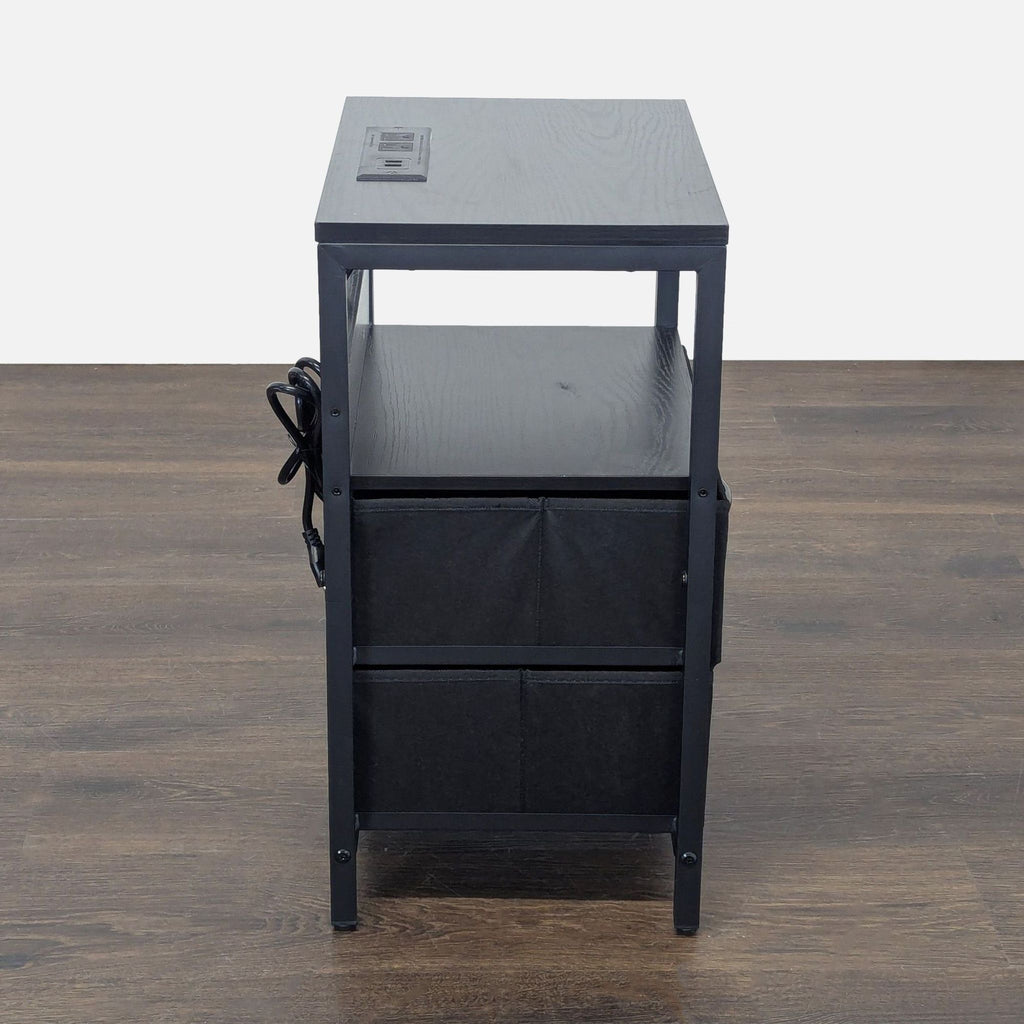 LED nightstand from Yoobure Home with 2 fabric drawers, charging ports, and a shelf for storage.