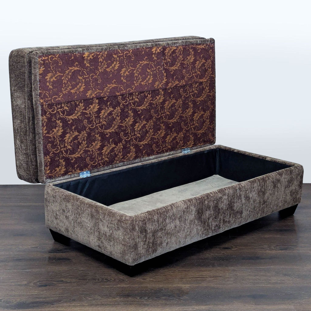 2. Ottoman bench with a lift-top revealing spacious storage and an ornate inner lid design.