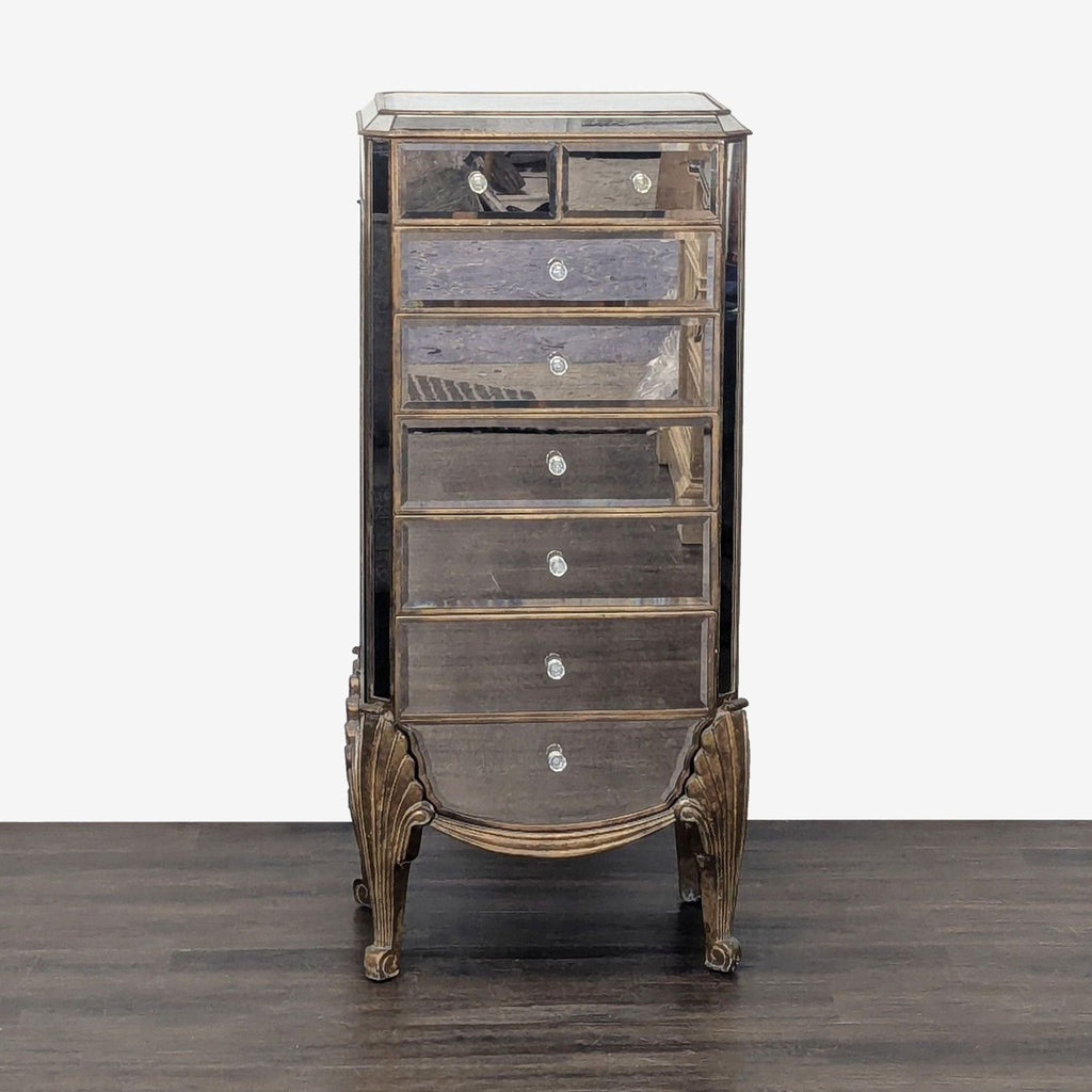 1. Tall mirrored jewelry chest dresser by Bassett Mirror Company with seven drawers and crystal knobs on carved legs.