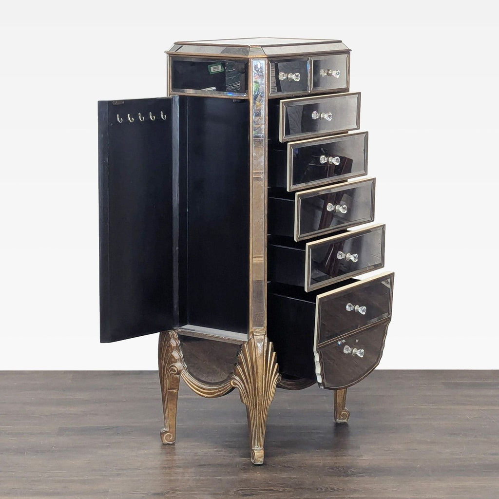 2. Jewelry chest with open drawers and side door, revealing hooks for hanging jewelry, elegant mirrored surfaces.