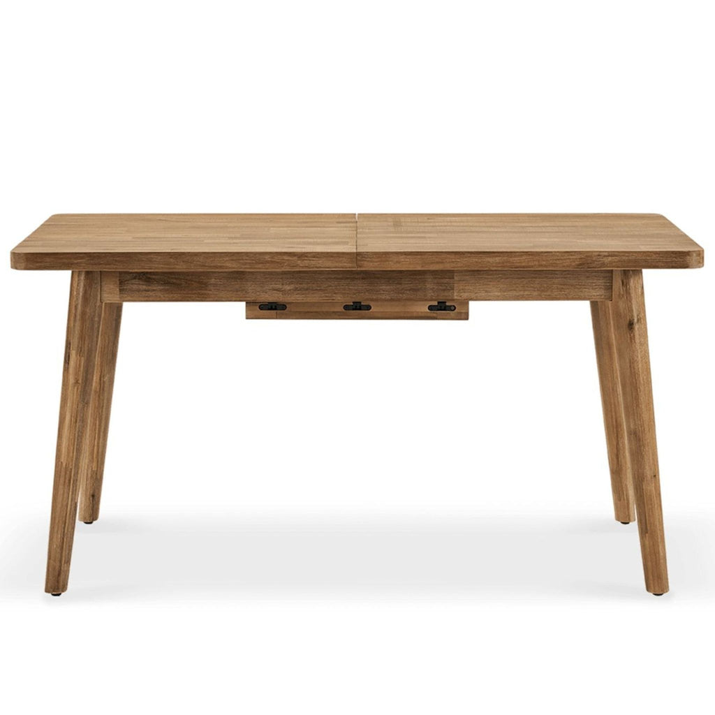 Expandable acacia wood dining table by Castlery, featuring a butterfly leaf and wire-brushed honey finish.