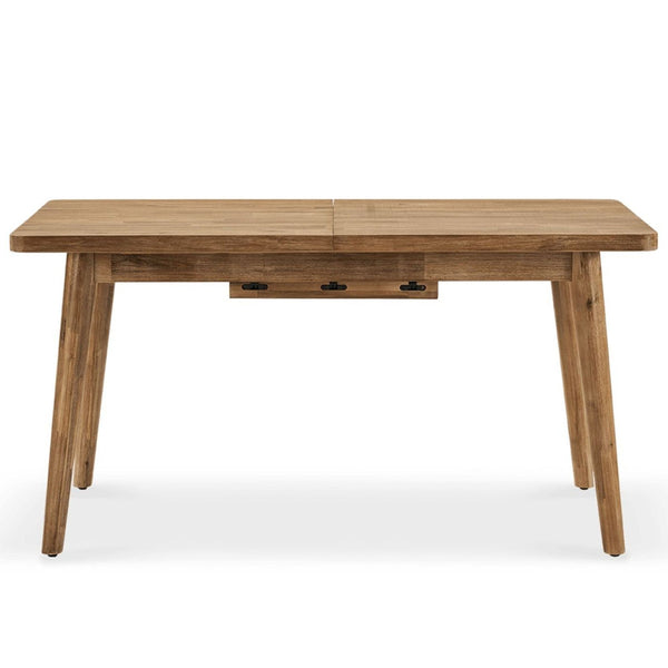 Expandable acacia wood dining table by Castlery, featuring a butterfly leaf and wire-brushed honey finish.