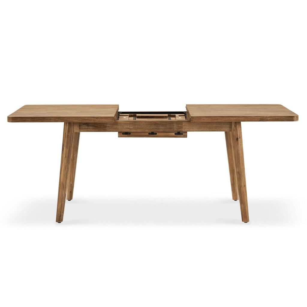 Castlery dining table in muted honey acacia, extends from 59 to 78.7 inches with butterfly leaf mechanism.