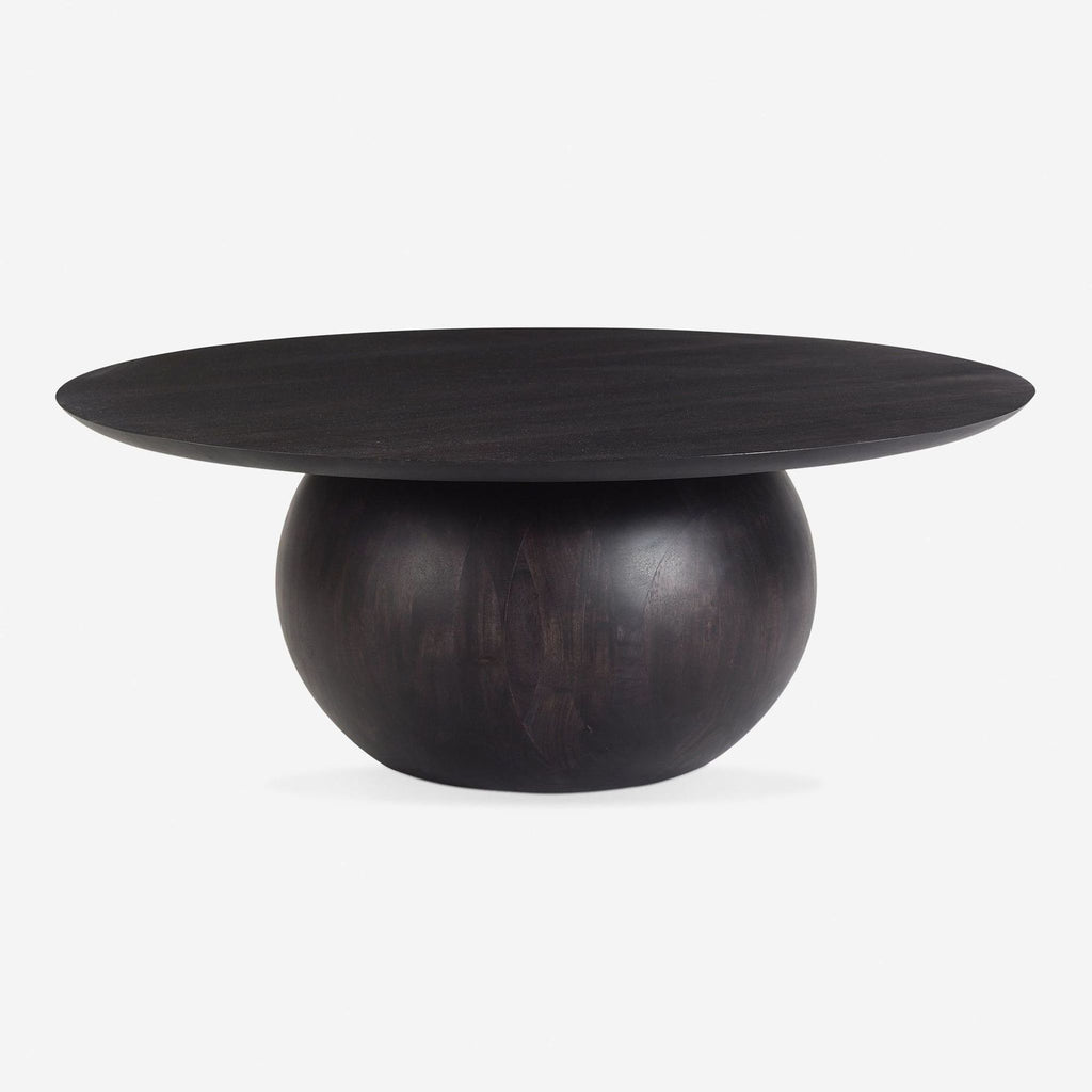 1. Dark Acacia coffee table by Lulu and Georgia with a round top and bold spherical base, modern design.