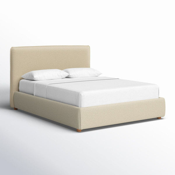 Birch Lane beige fabric bed frame with padded headboard, wooden legs, and low-profile, timeless design.