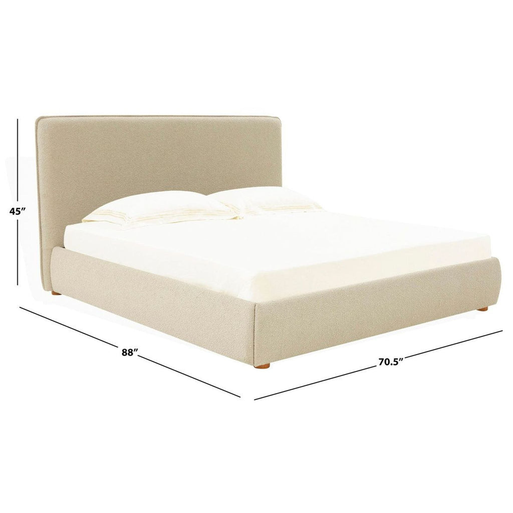 Modern low-frame Birch Lane bed with beige upholstery, comfortable headboard, and clean, versatile style.