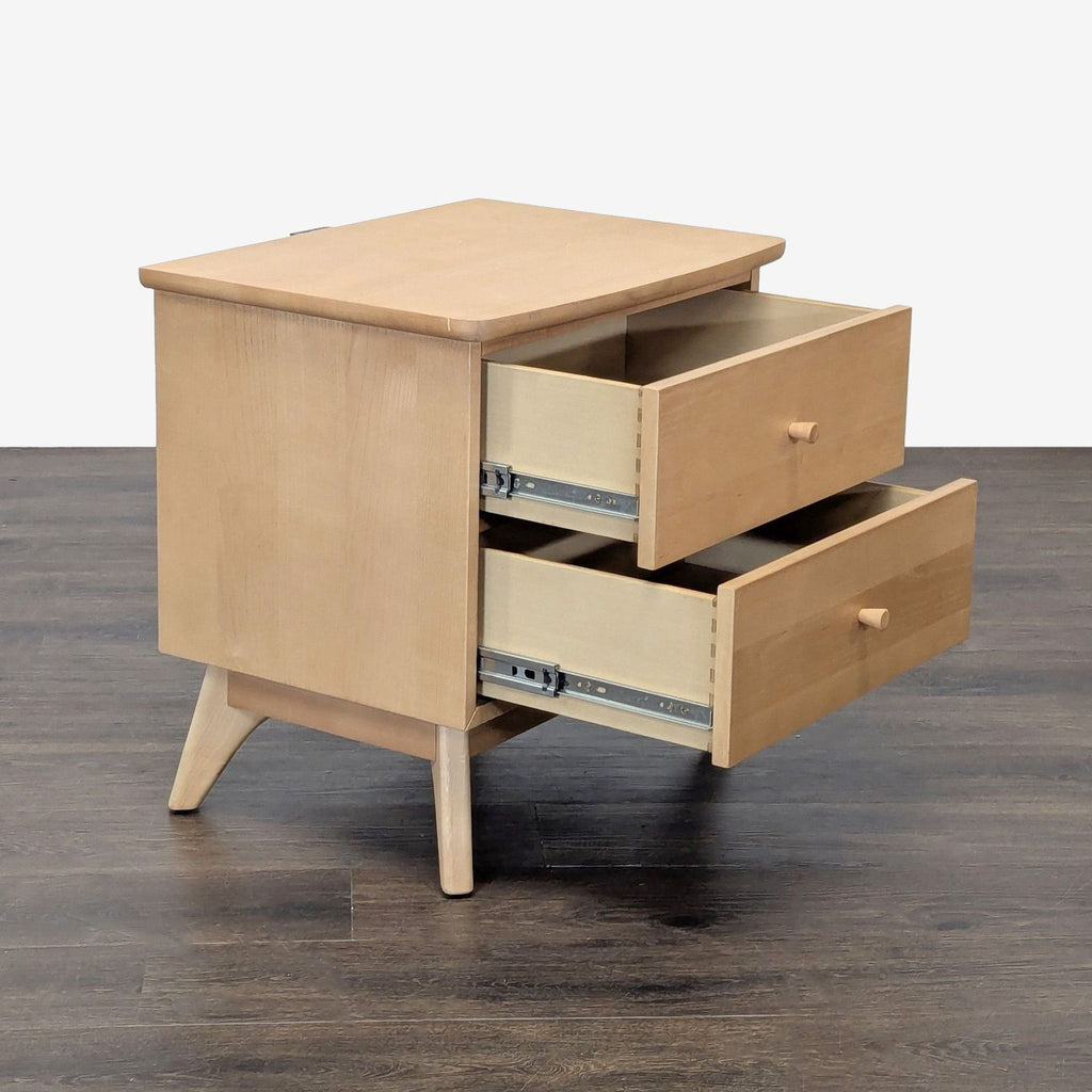 2. Side view of end table showing both drawers open, revealing interior space and metal rails.