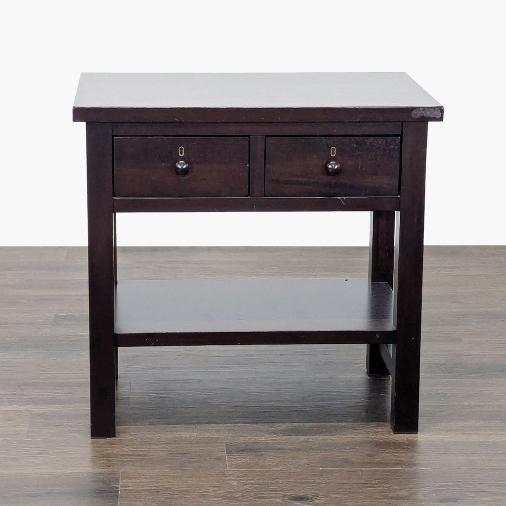1. Pottery Barn end table made from meranti wood with two drawers and a lower shelf, dark brown finish.
