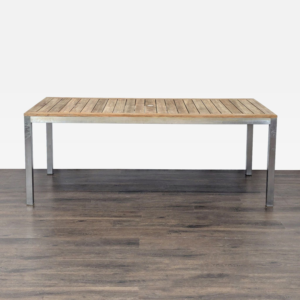 1. Rectangular Kingsley-Bate table with wooden slat top and metal legs, viewed from the front on wood flooring.  