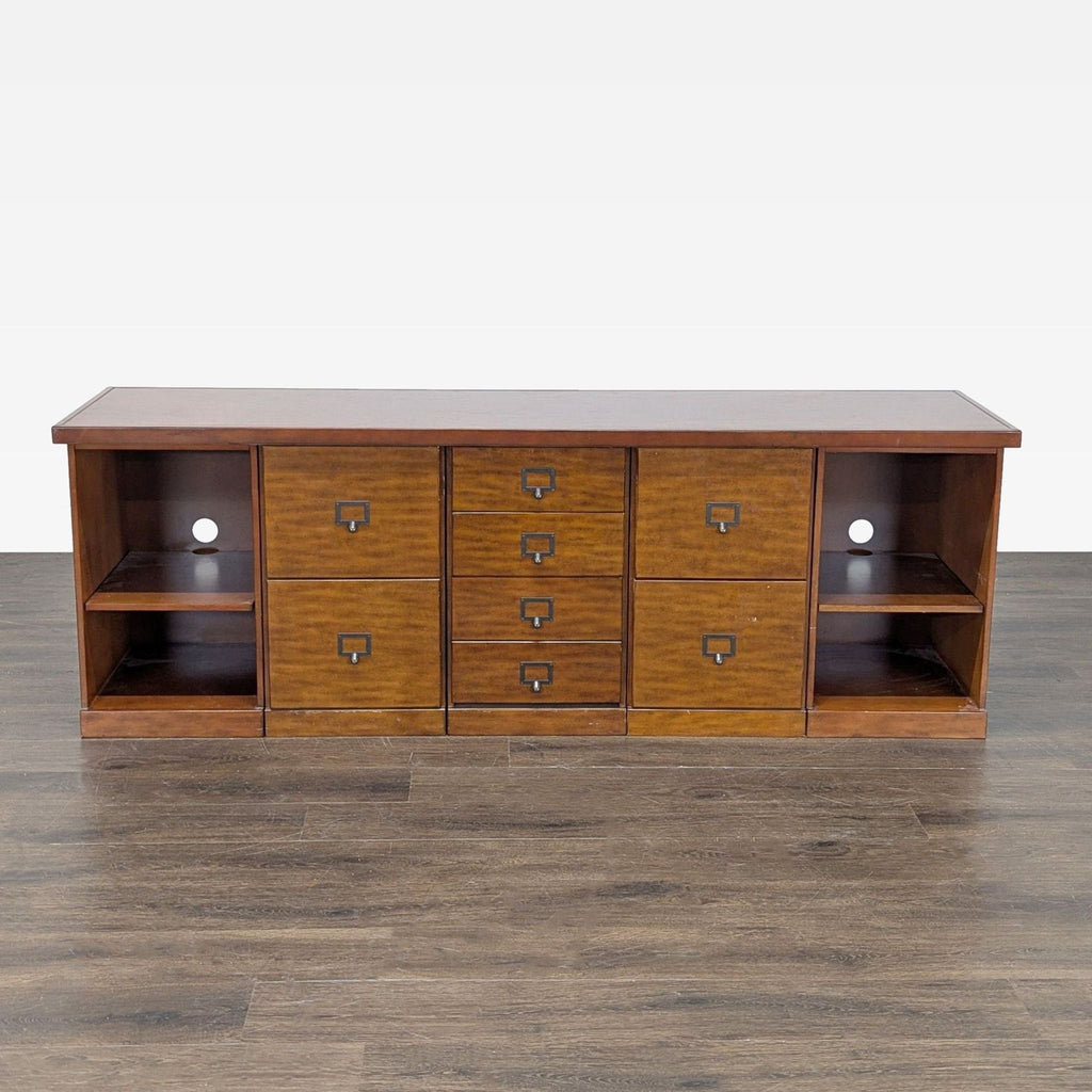 Ballard Designs wood cabinet with multiple drawers, open shelves, and classic hardware for versatile storage.