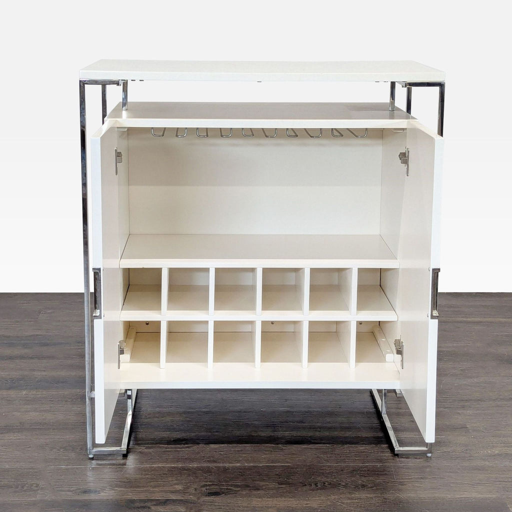 Modern West Elm cabinet, white finish and chrome accents, designed for bottle and glass storage, category Other.  