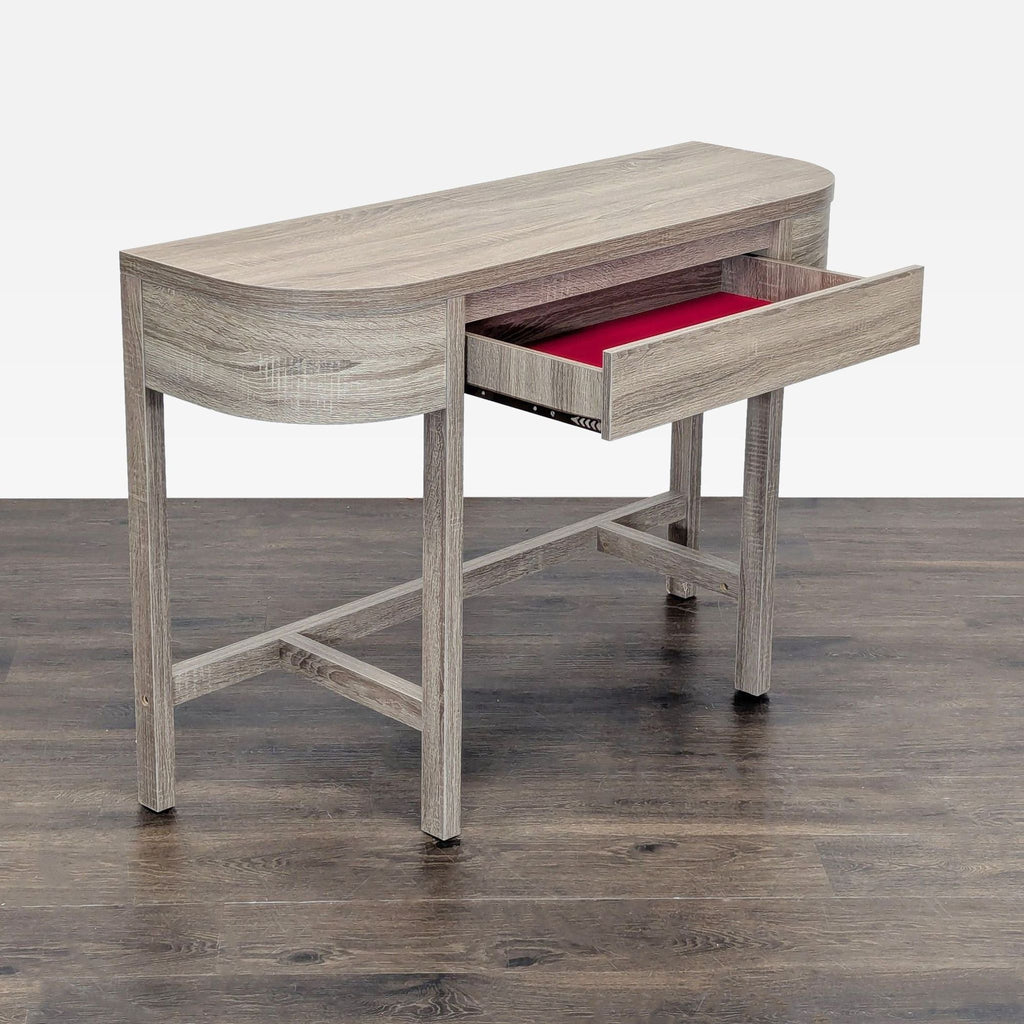 2. Light wood console table with a single drawer open, revealing a red interior, on a dark floor.