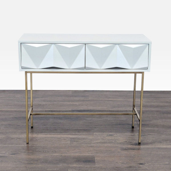 Modern West Elm side table with powder-coated brushed metal drawers and antique brass-finished legs.