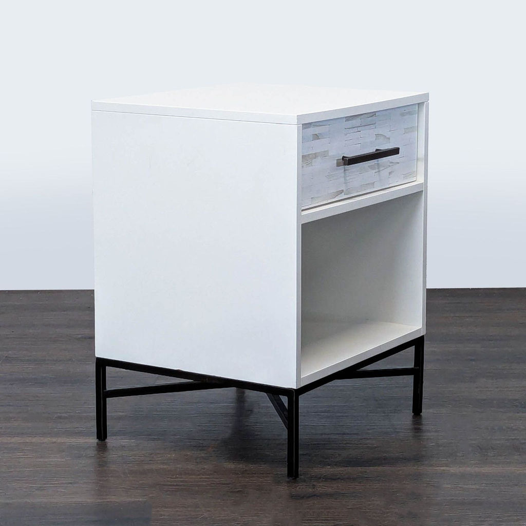 3. Handcrafted end table by West Elm featuring a whitewashed finish and natural wood tile drawer.