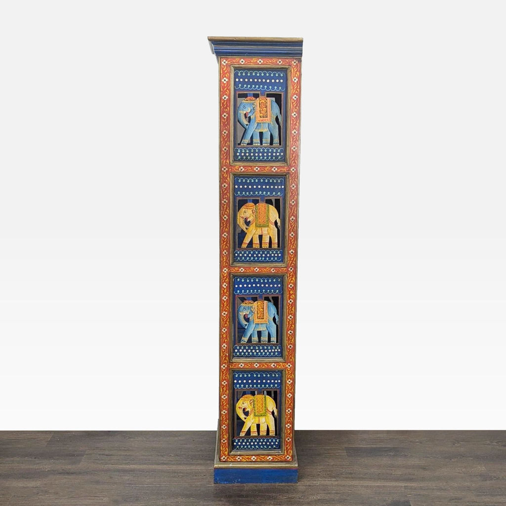3. Bookshelf side adorned with vibrant carved elephant panels, gold accents, and deep blue and orange decorative trim.