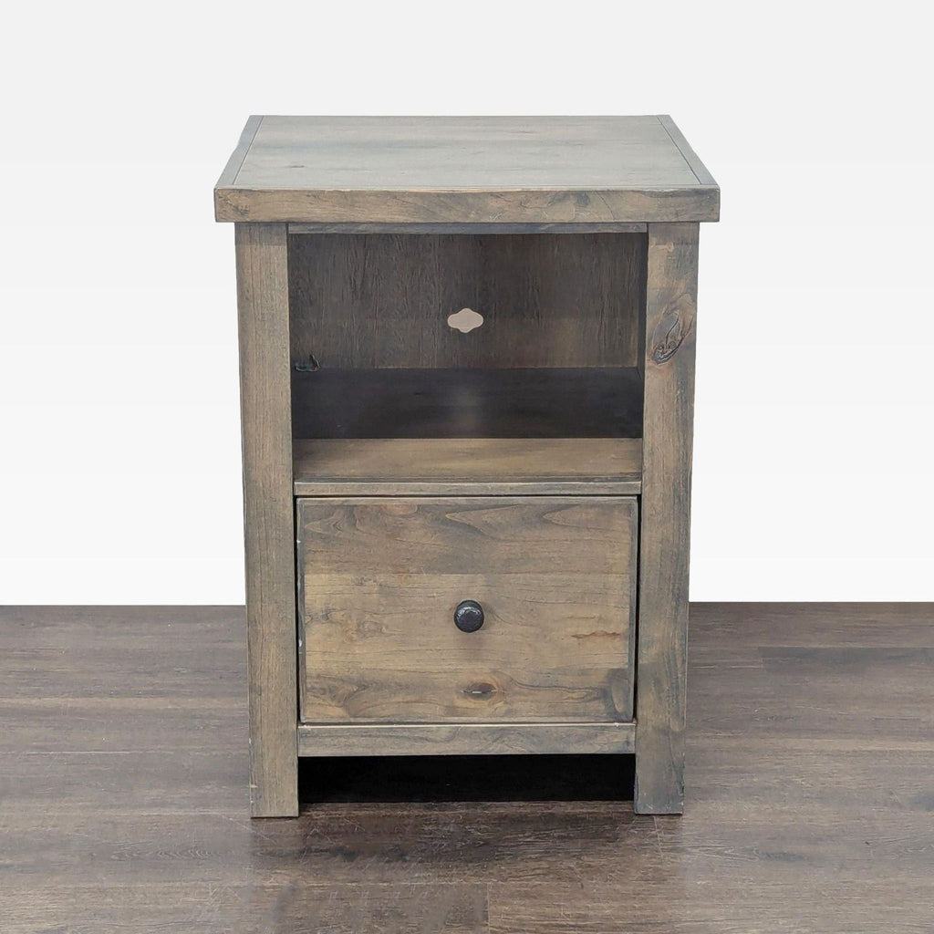 1. Front view of a Legends Furniture wooden cabinet with a drawer, open shelf, and cable management hole.