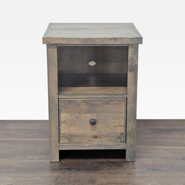 1. Front view of a Legends Furniture wooden cabinet with a drawer, open shelf, and cable management hole.