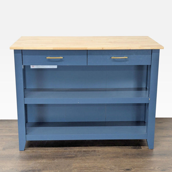 1. Blue Twin Star Home kitchen island with a wood top, two drawers, and open shelves for storage.