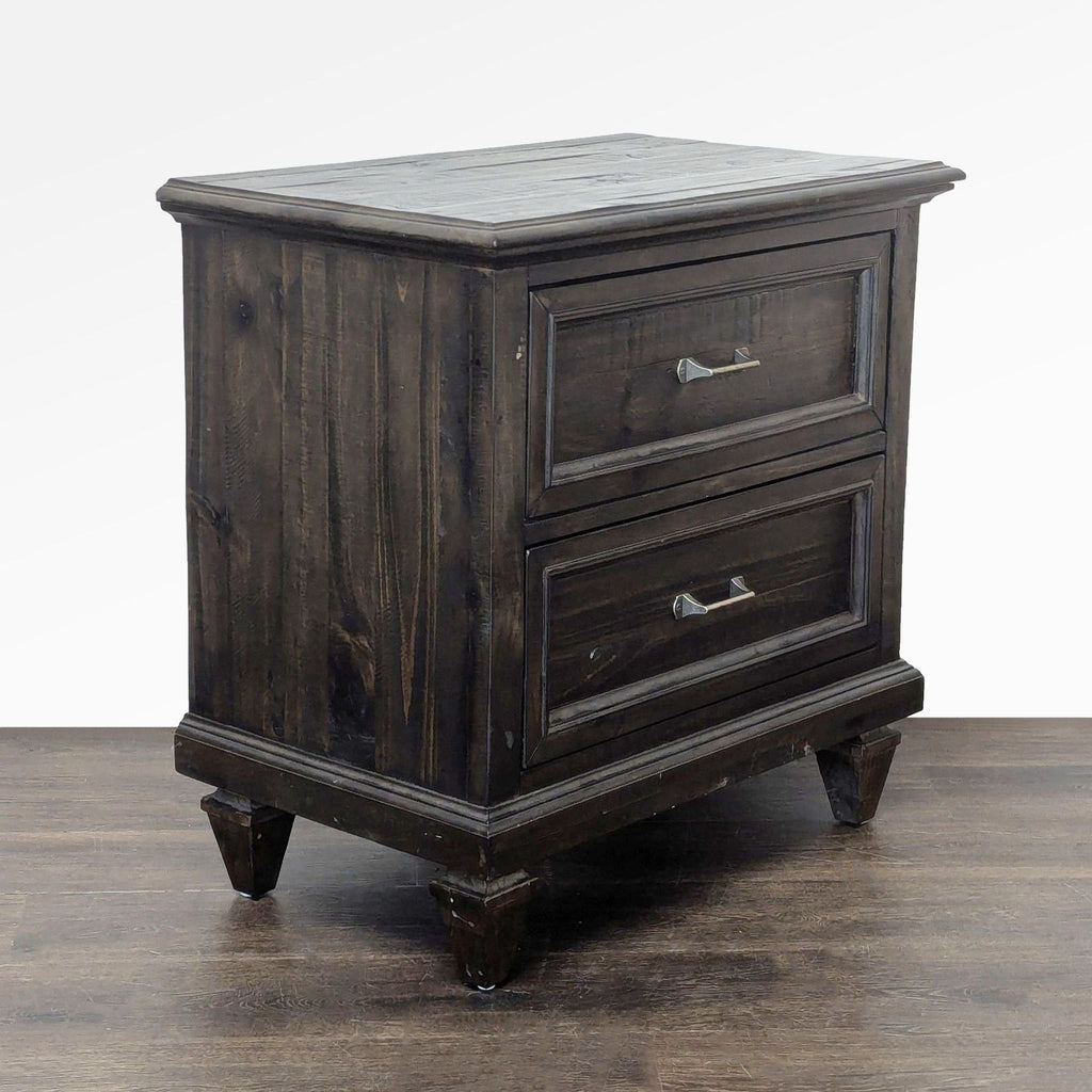 Charcoal-finished Magnussen end table featuring dual drawers and sleek pewter-hued drawer pulls.