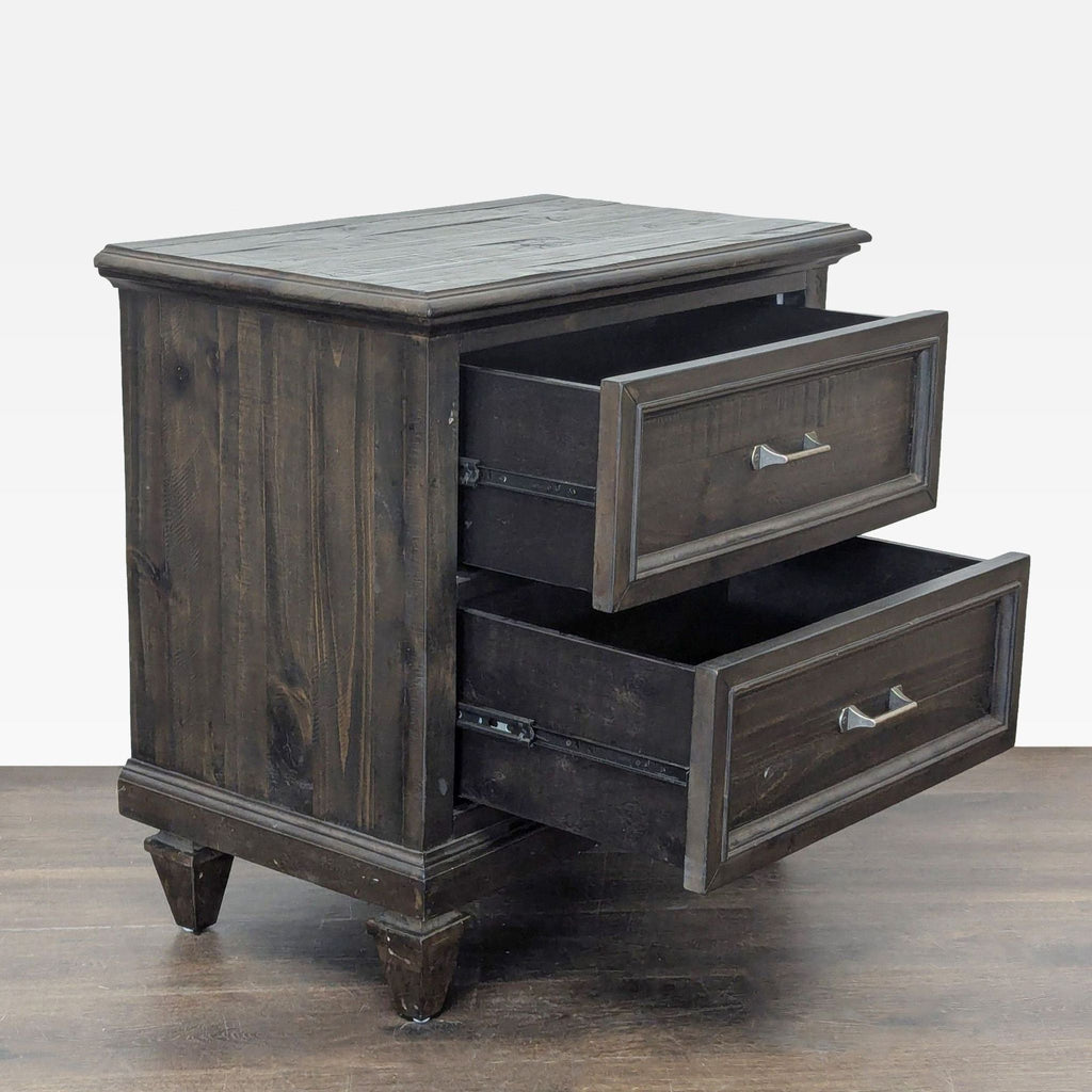 Contemporary Magnussen nightstand with two drawers, brushed pewter hardware, and a rustic charcoal finish.