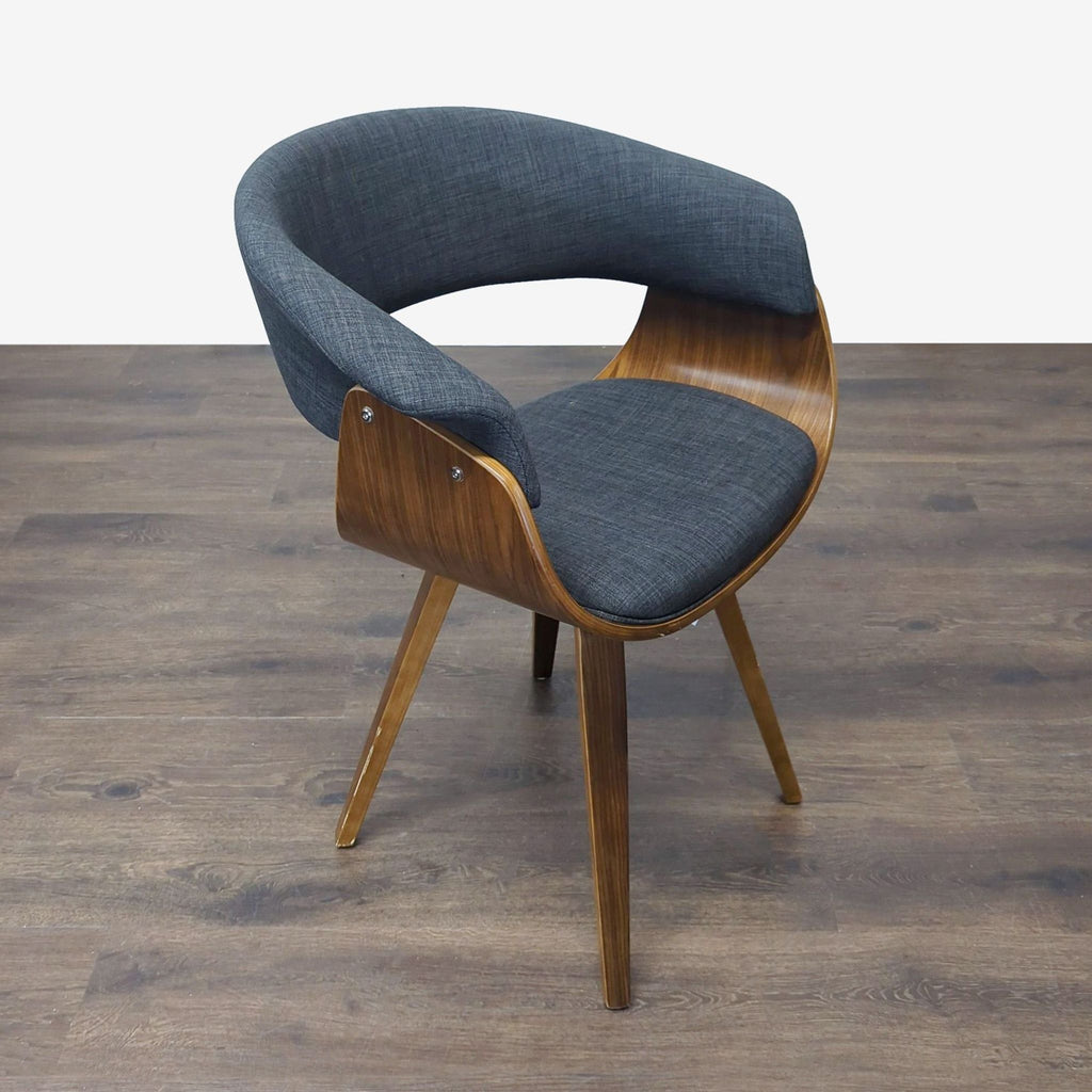Dining chair featuring bucket-style upholstery and walnut frame, by Armen Living, mid-century modern style.  