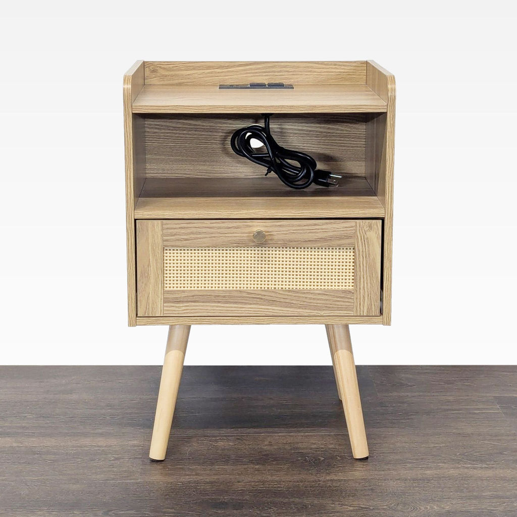 End table with an open lower shelf and a top drawer featuring a decorative rattan insert.