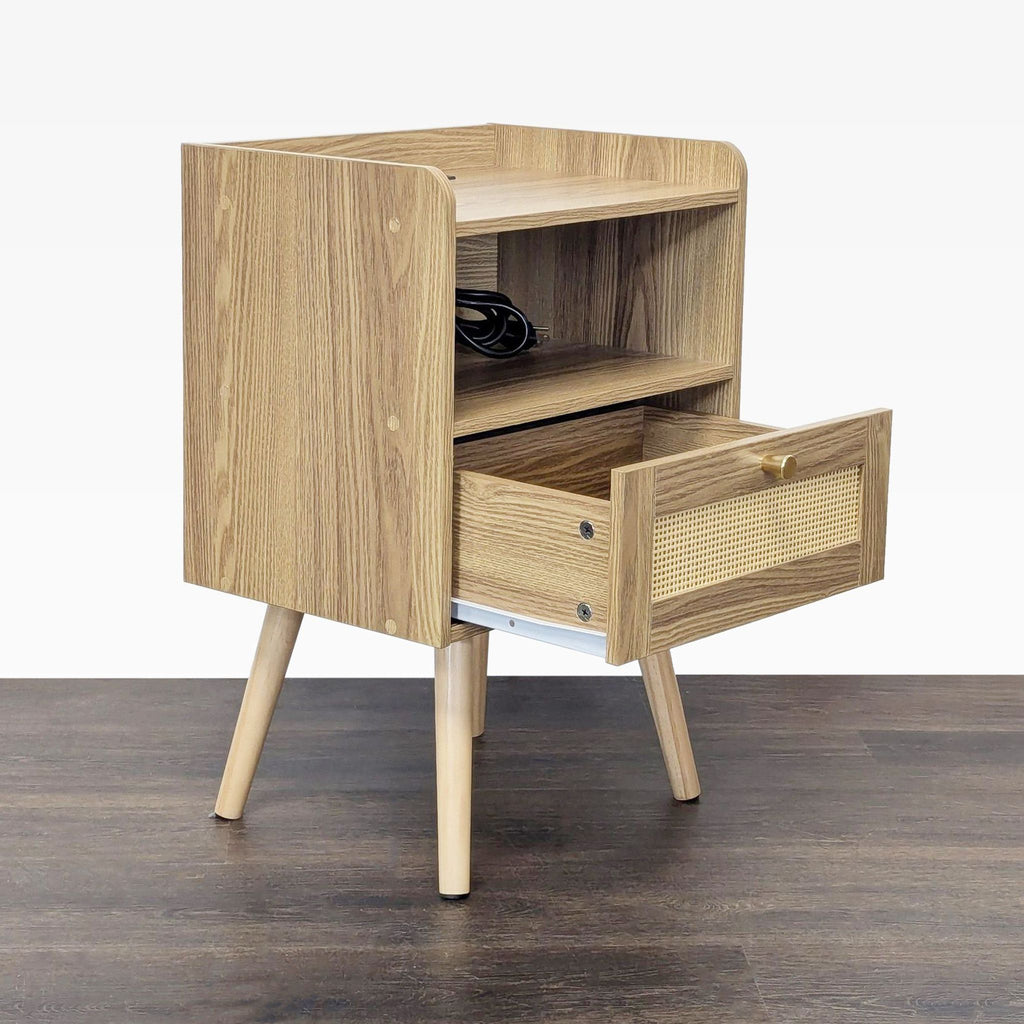 Modern end table showing a top surface, one drawer with a rattan front, and an open shelf below.