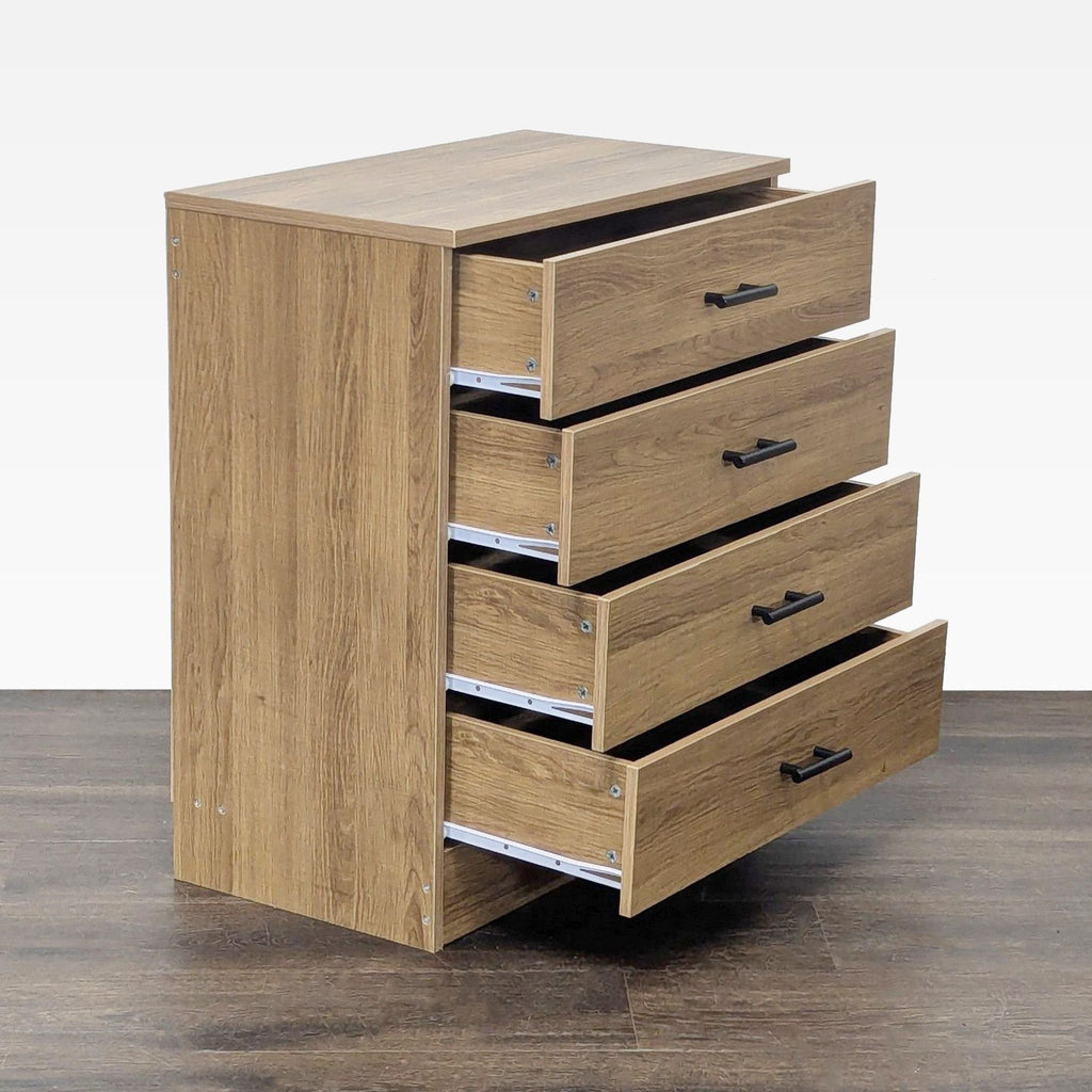 Natural-finish YIGOBUY dresser featuring four spacious drawers and modern black pulls, ideal for organizing.