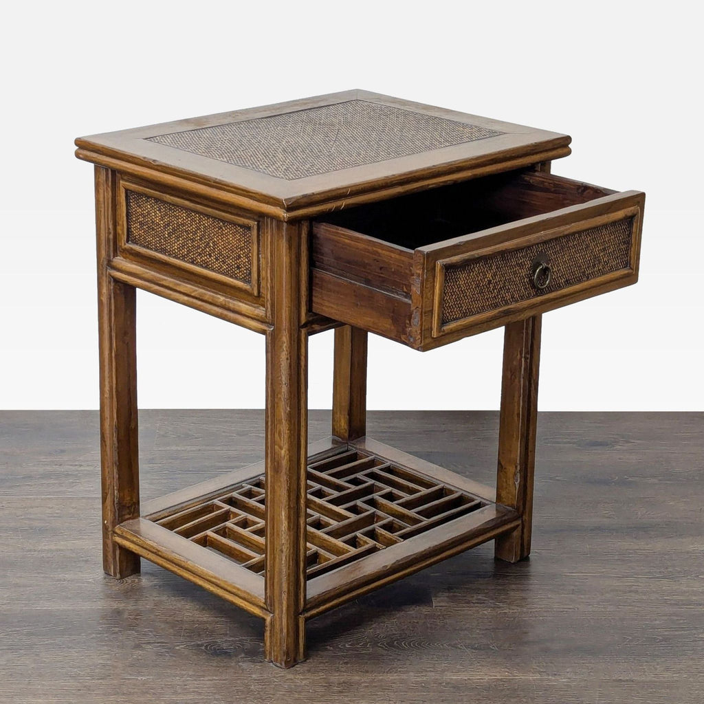 Square end table with a bamboo frame, rattan weave on all sides, and a drawer, plus a bottom shelf.