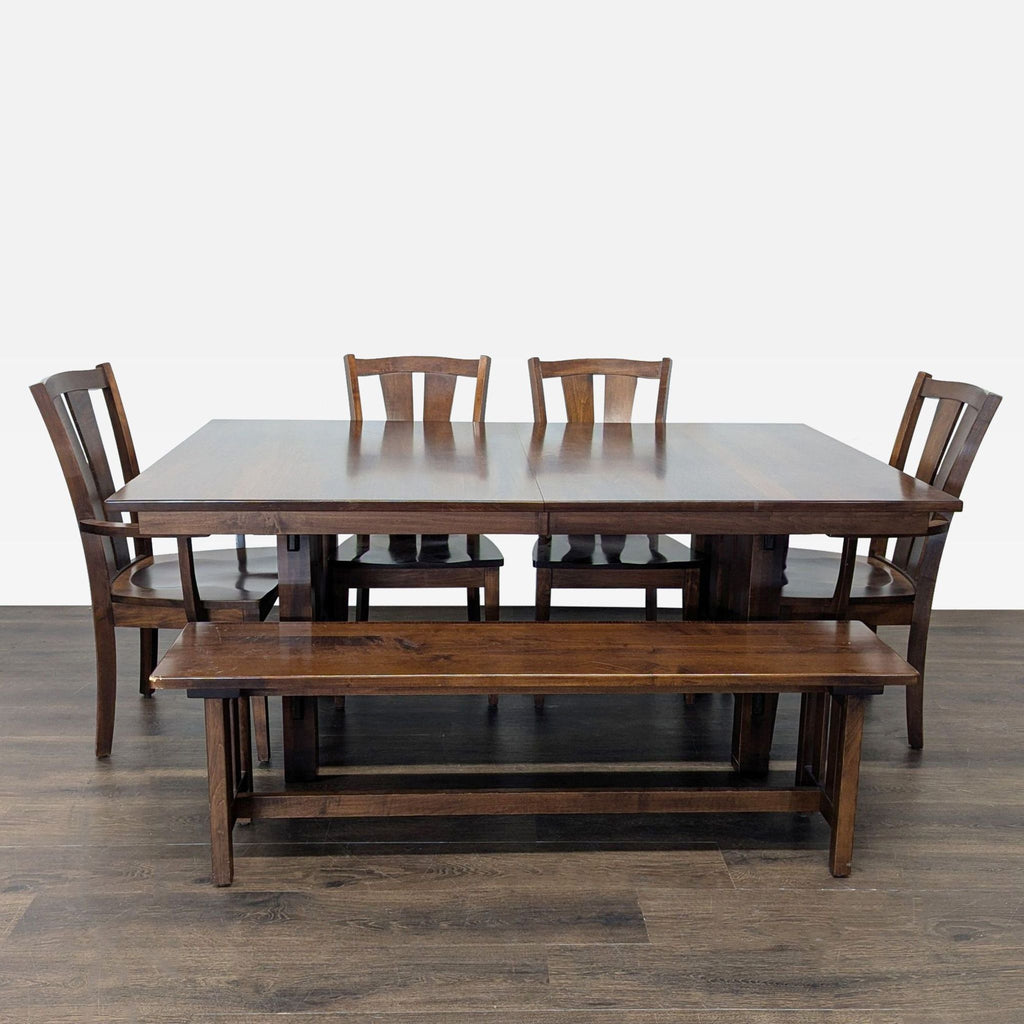 Solid wood dining set by California Dining And Barstools with table, four chairs, and bench in dark finish.