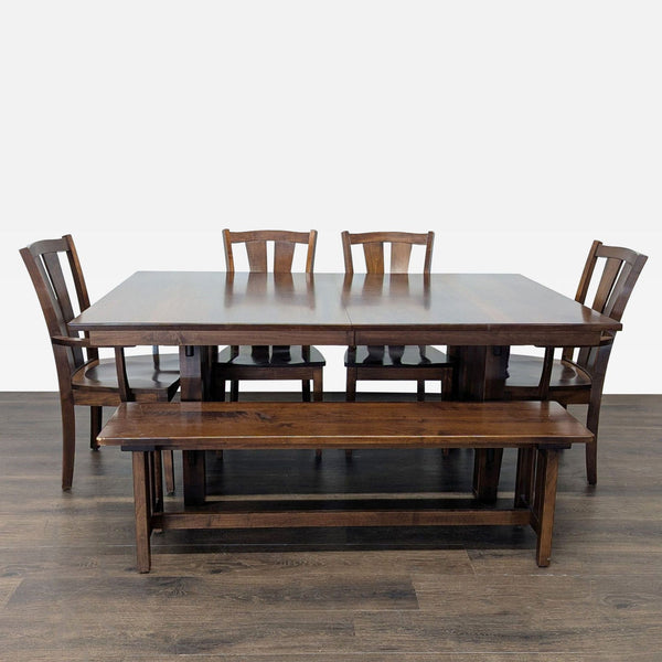Solid wood dining set by California Dining And Barstools with table, four chairs, and bench in dark finish.