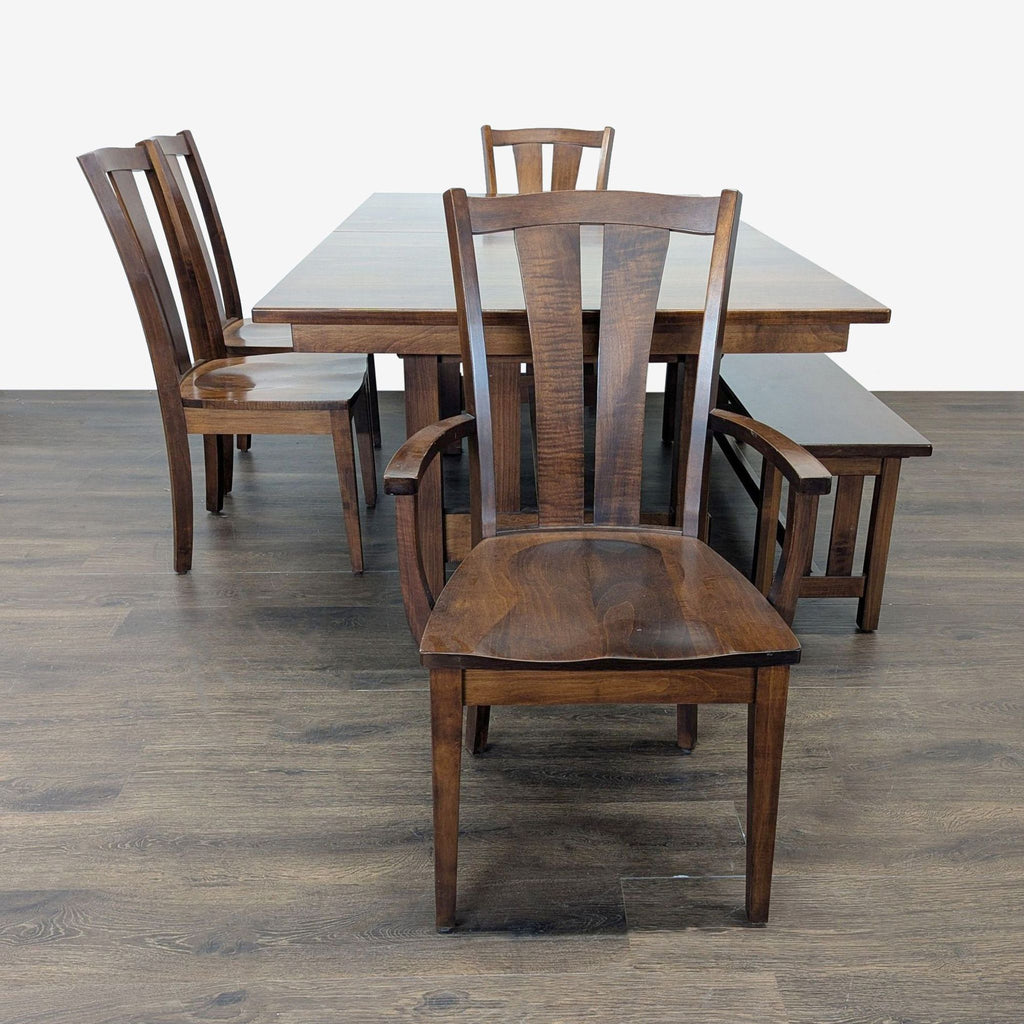 California Dining And Barstools dining set: rectangular wooden table, four matching chairs, and a spacious bench.
