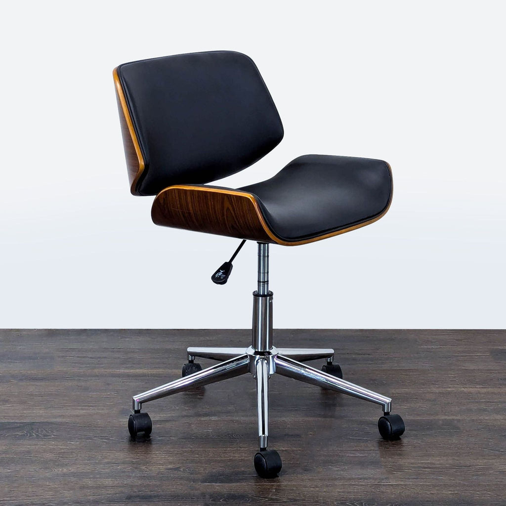 Modern office chair with black cushion, wood accents, chrome base, and adjustable height for comfort.