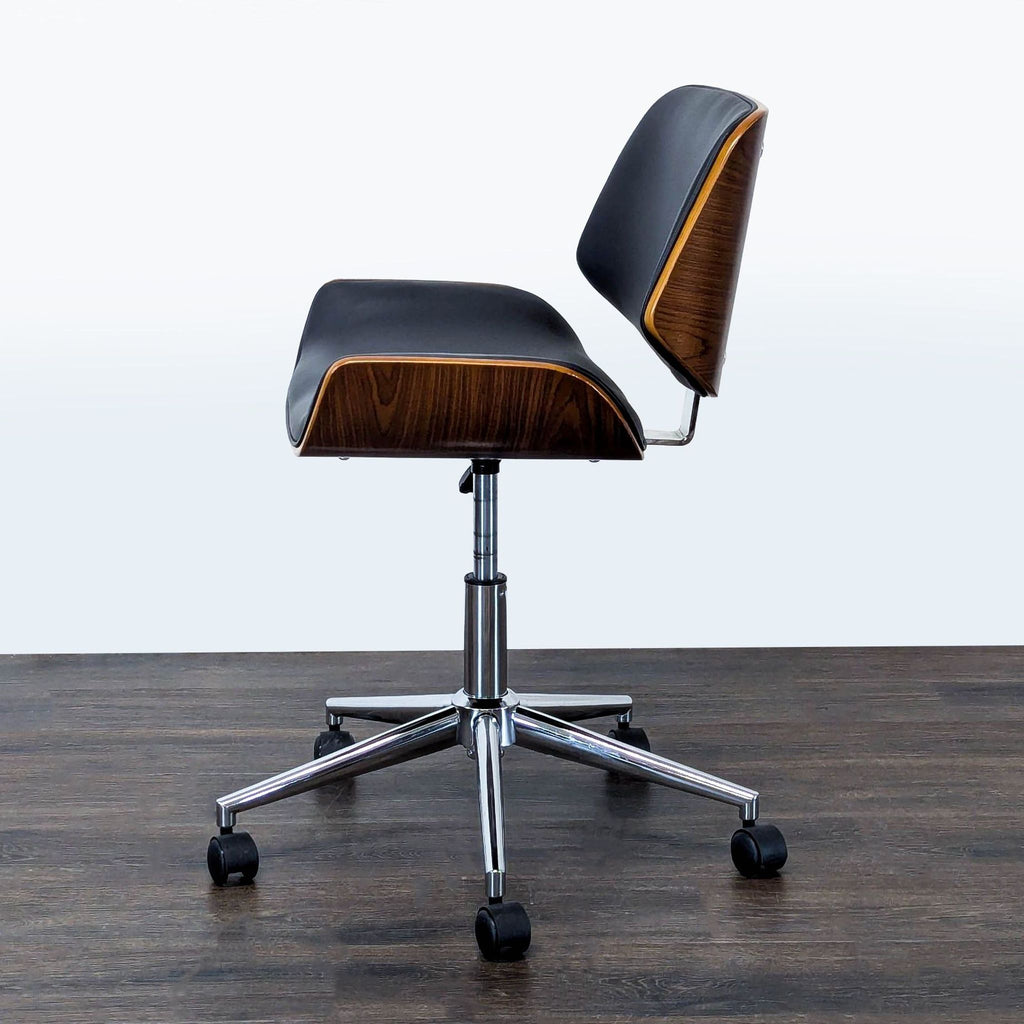 Mid-Century Modern Style Black Swivel Office Chair with Wood Accent