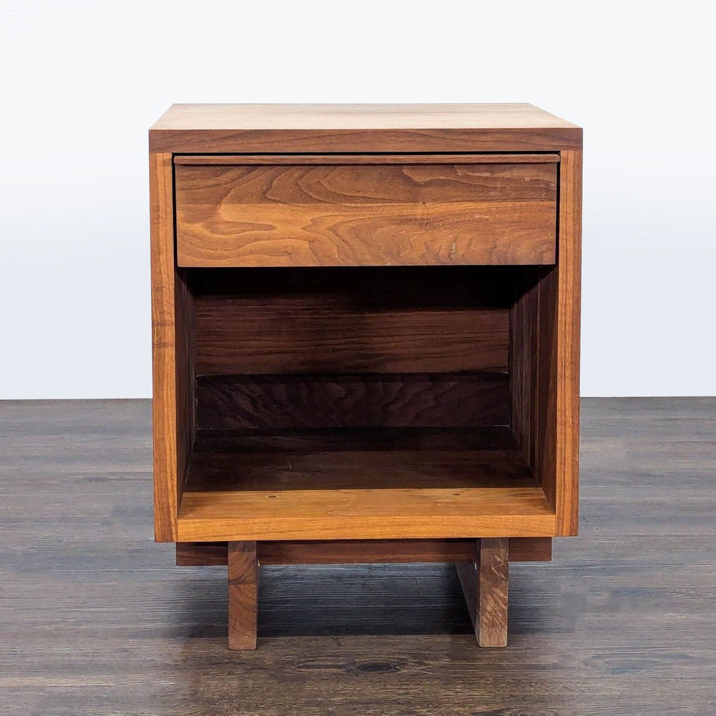 1. Square walnut end table by Vermont Furniture Designs, features a single drawer and open shelf.  