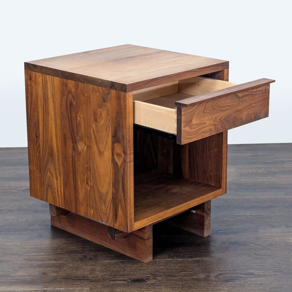 2. Modern Vermont Furniture Designs end table with drawer open, showing storage space and wood grain sides.  