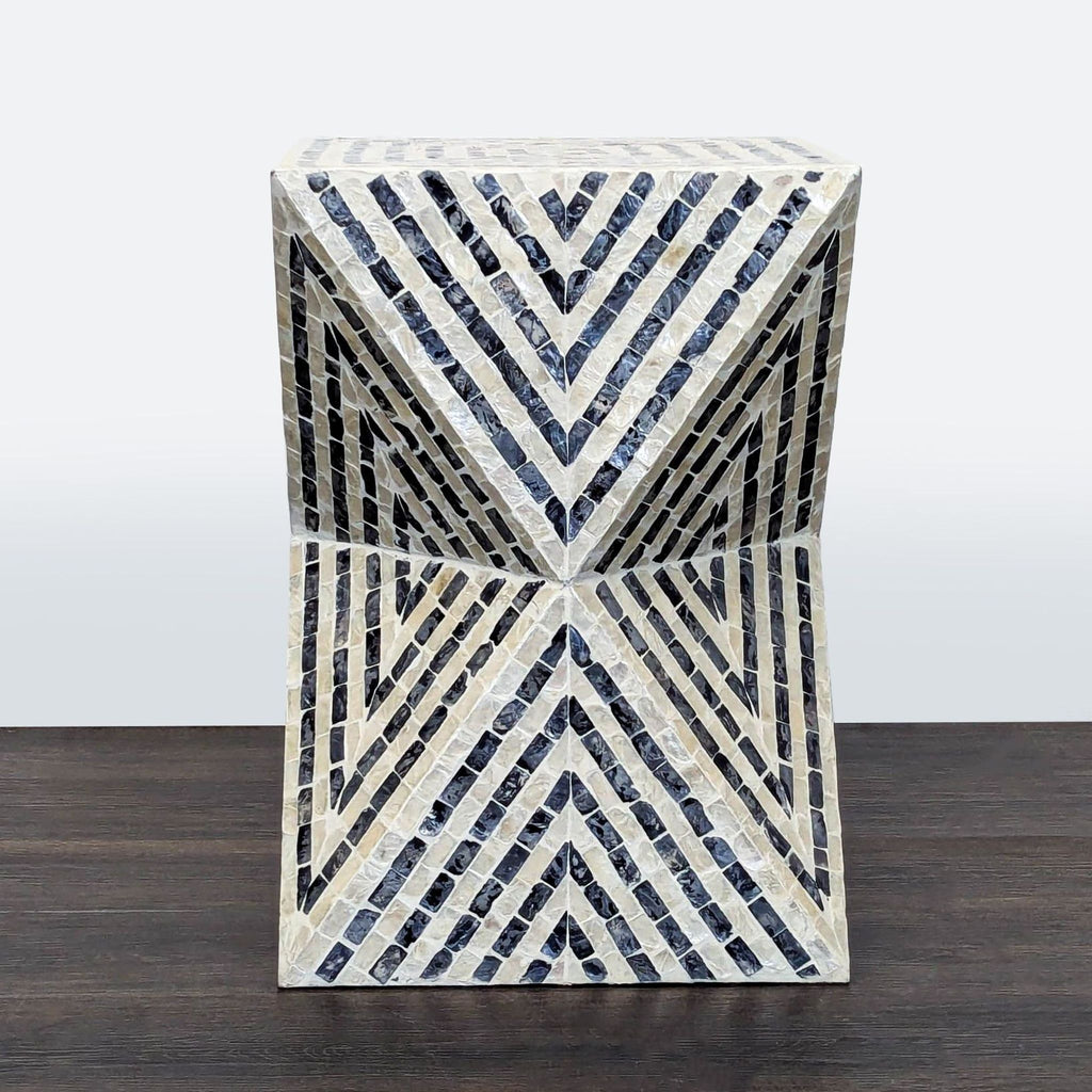 Lacquer World console table featuring a striking black and white chevron mosaic on a sculptural square base.