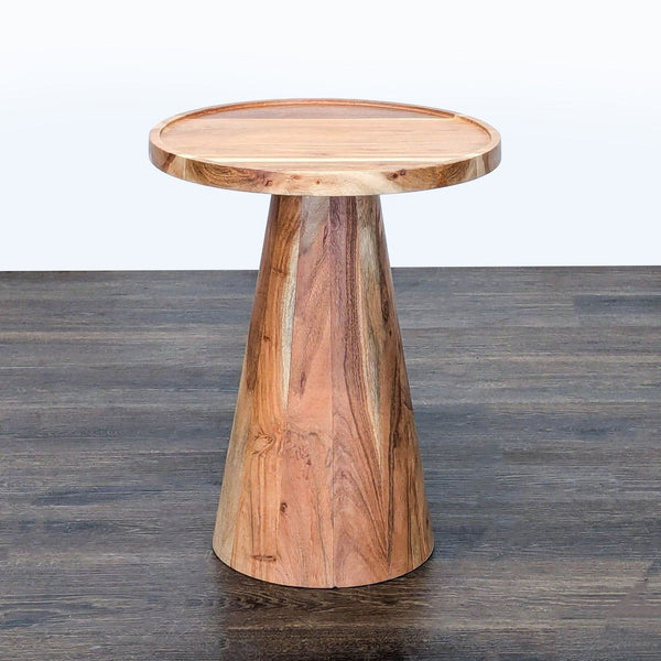 1. Round wood side table with conical base, shown on a dark wooden floor, for Side & Console Table category.