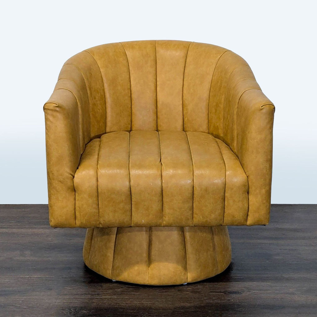 Mustard yellow faux leather lounge chair by Seynar with vertical tufting and a modern swivel base.