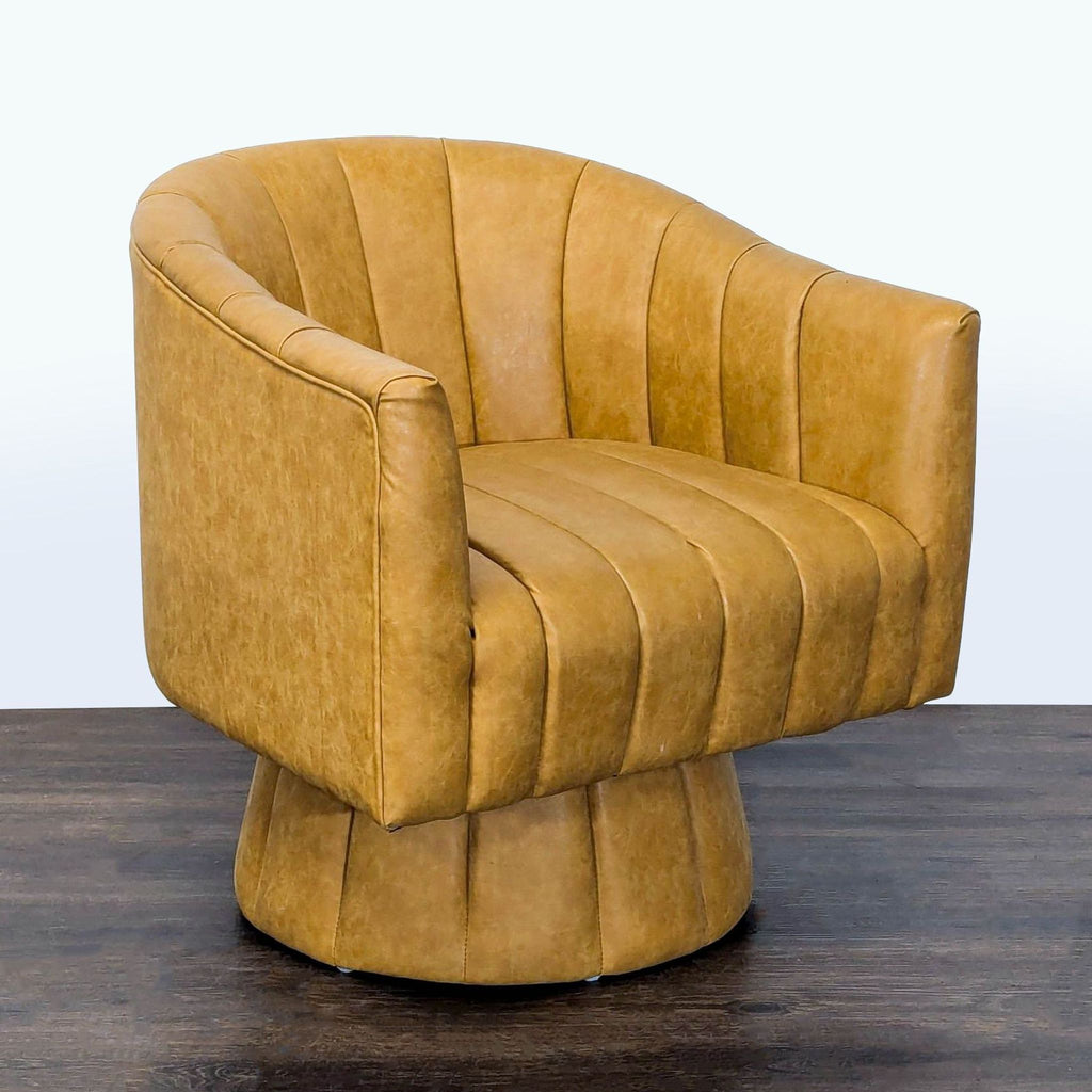 Seynar lounge chair in mustard faux leather, padded for comfort, featuring a tufted back and swivel base.