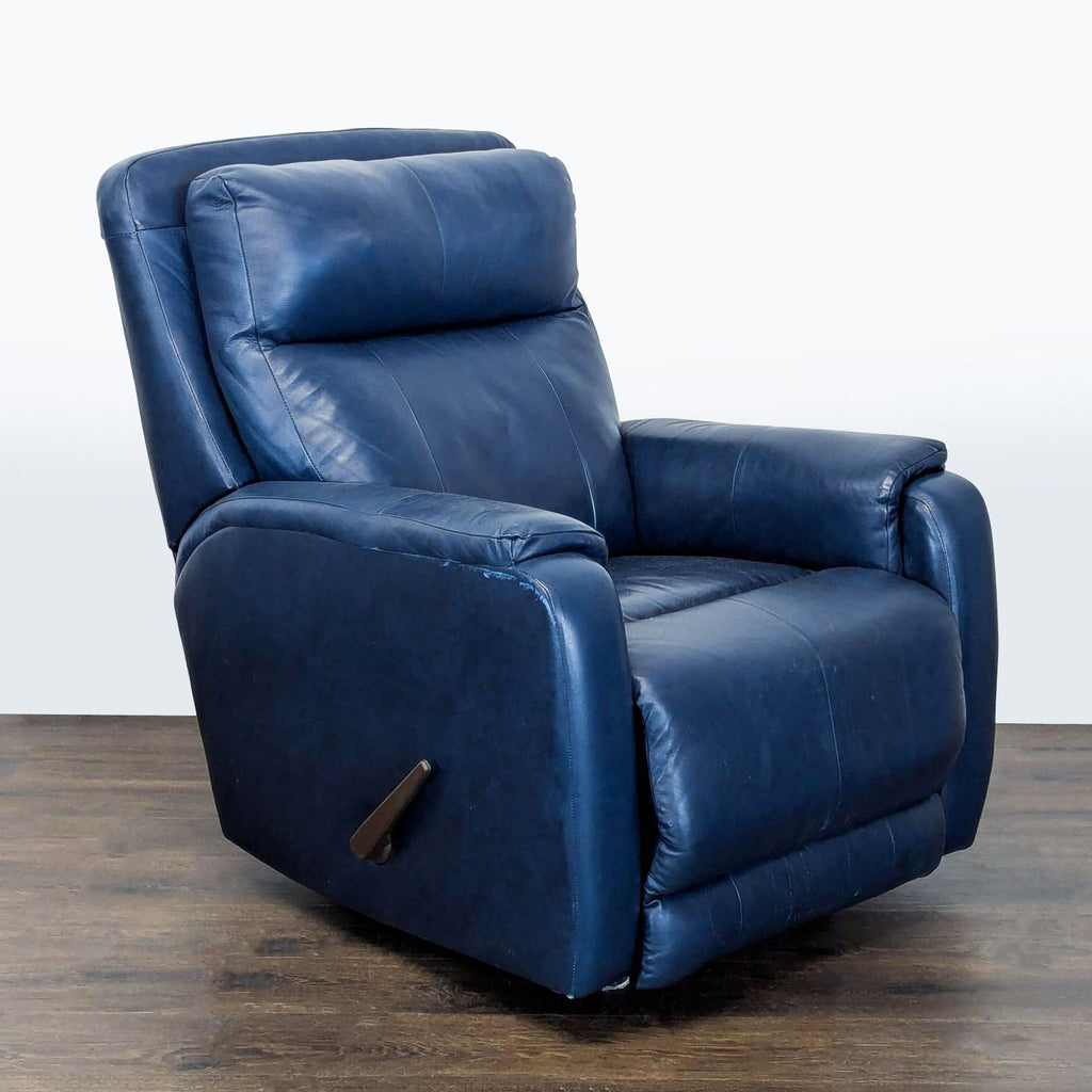 Comfortable blue leather lounge chair by Southern Motion, with reclining feature and modern, easy-to-clean design.