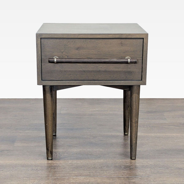 1. West Elm nightstand with walnut-stained oak veneer, leather drawer pull, and hand-stitched detailing.  
