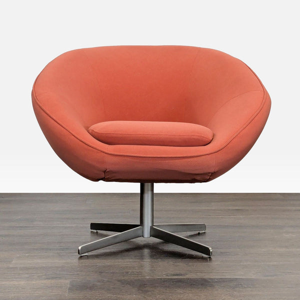 Modern rust-colored swivel lounge chair with curved seat and metal base, ideal for living rooms or offices.