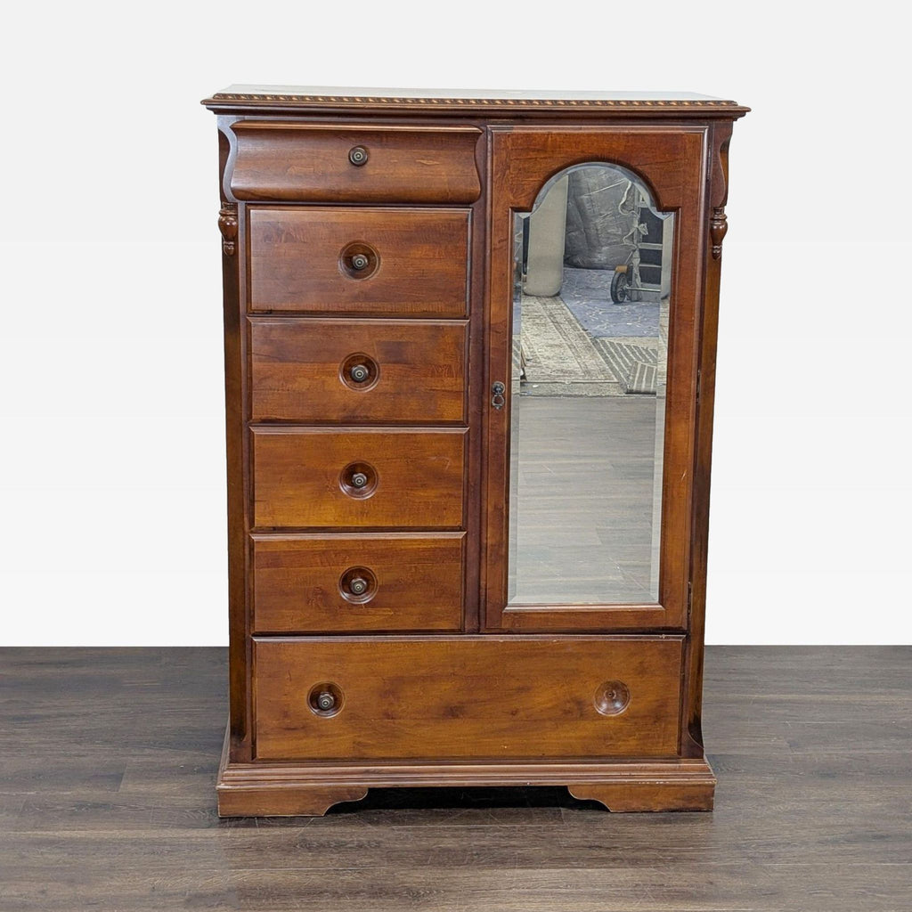 1. Classic wooden dresser with five drawers and a mirrored cabinet door, perfect for vintage-inspired bedrooms.