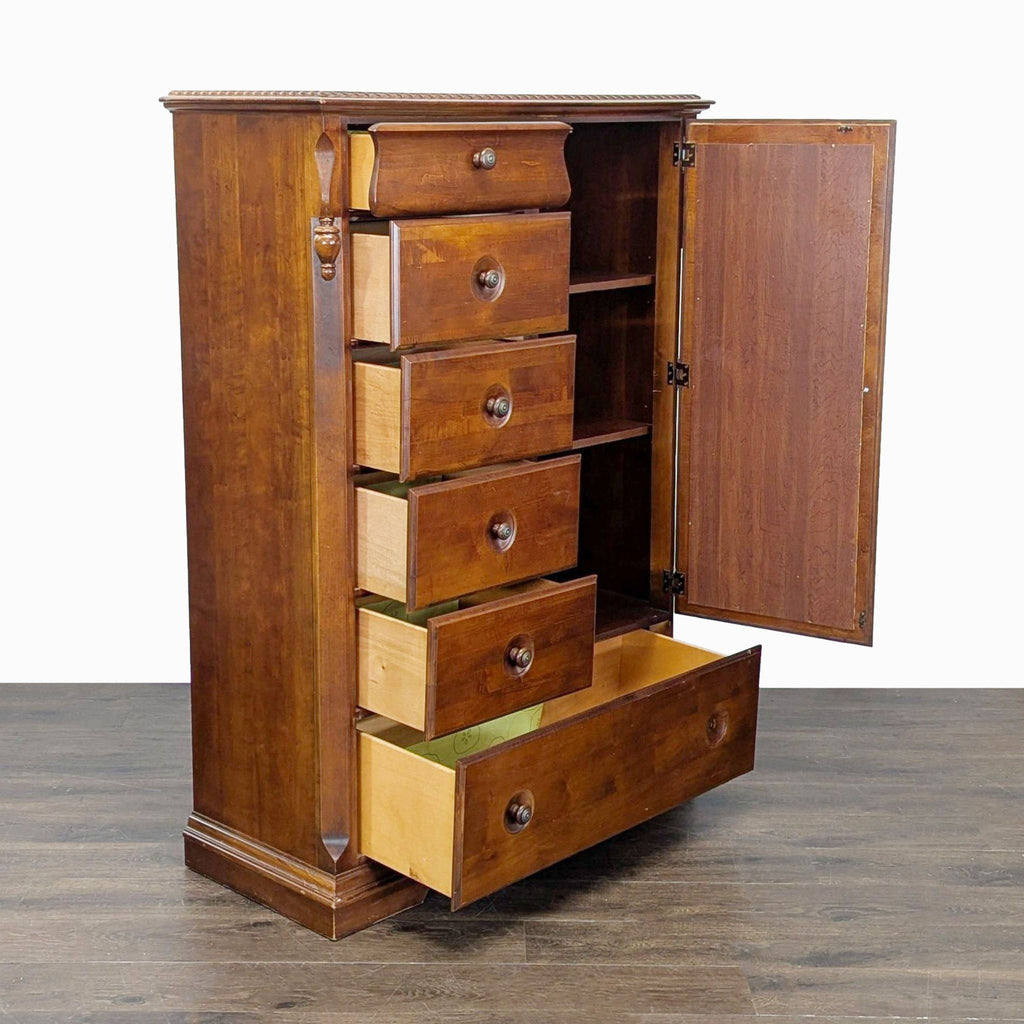 2. Angled view of a wooden dresser showing open drawers and cabinet, ideal for ample clothes and accessories storage.
