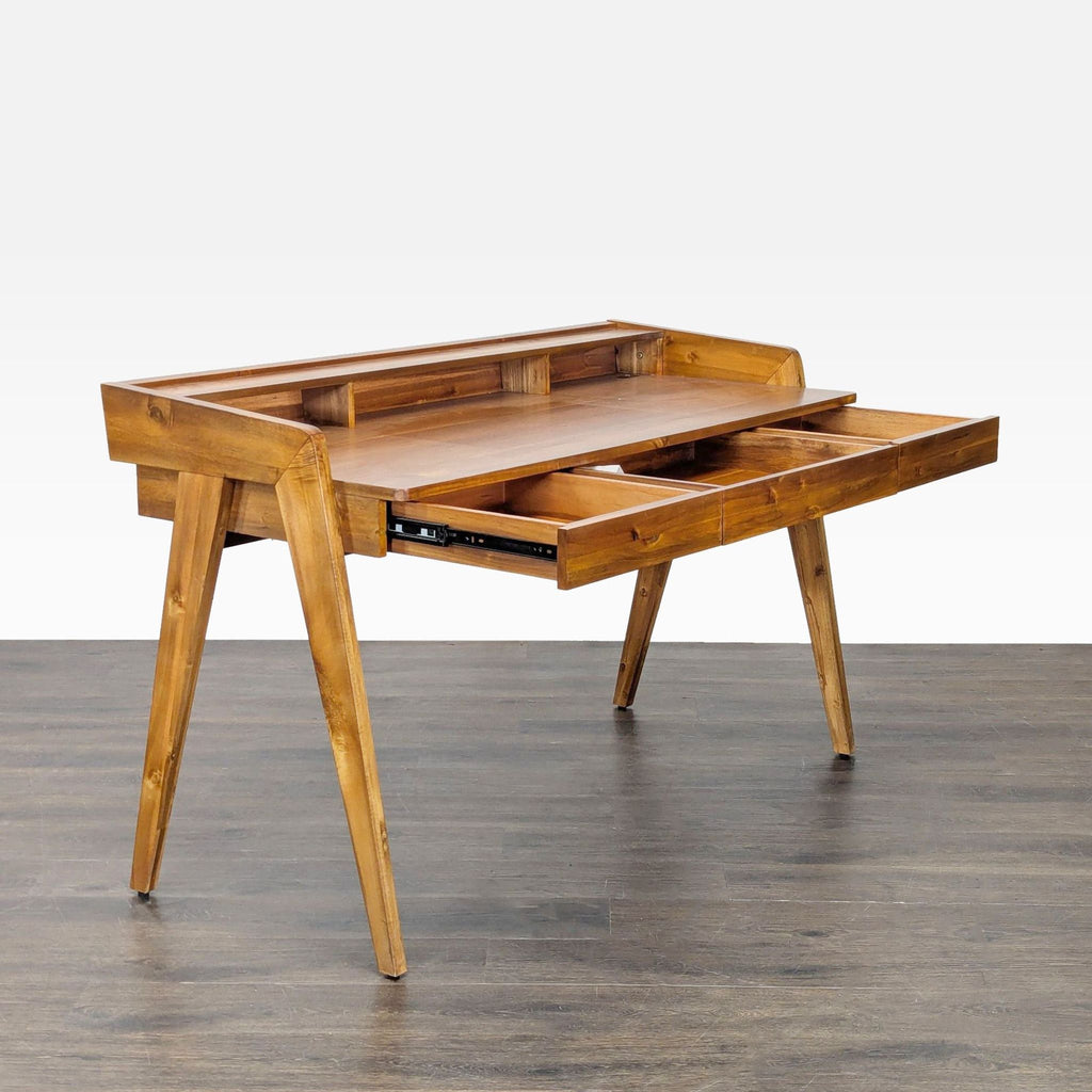Natural wood CB2 desk featuring spacious surface, stylish design, and multiple storage drawers and shelf.