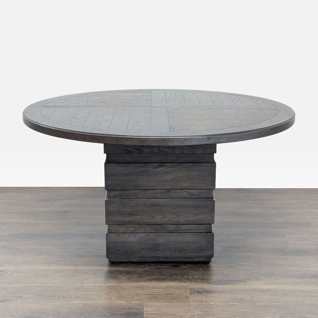 Solid wood dining table with oak veneer, warm tobacco finish, and a stacked block pedestal base by Home Meridian.